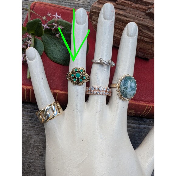 Mid Century Green Rhinestone Ring, Vintage Adjustable Ring - Picture 9 of 10